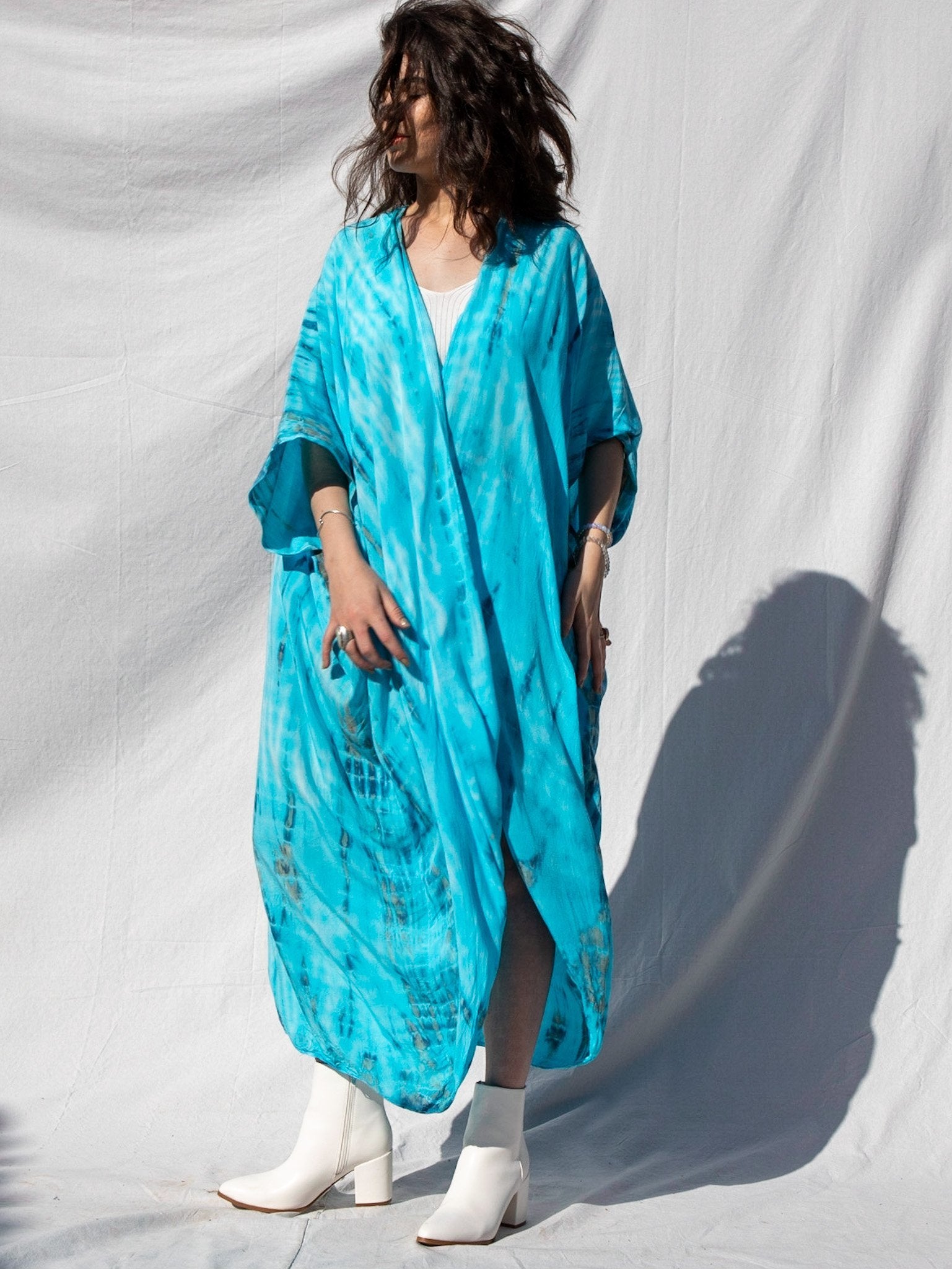 GODDESS KIMONO - ELECTRIC AQUA / BAMBOO STRIPE - BHAVANI COLLECTIVE